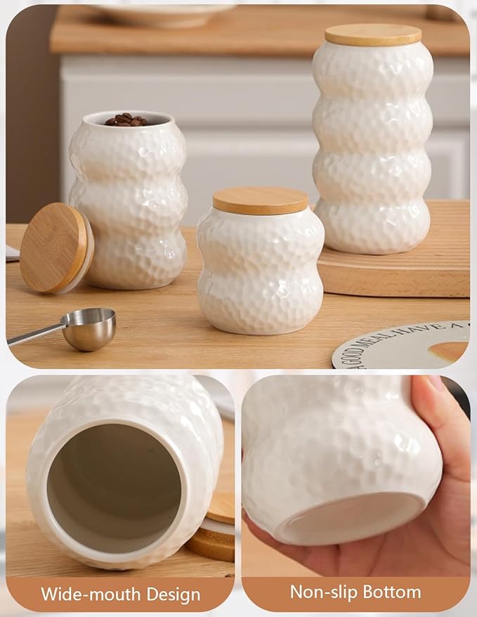 Ceramic Canister Set of 3, Kitchen Canisters for Countertop, White Food Storage Containers with Lids for Coffee, Bean, Sugar, Tea, Spices and More, Home Decor