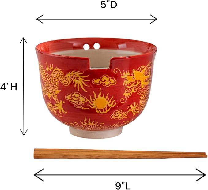 Urban Tokyo Handpainted Ceramic Glazed Japanese Ramen Udon Noodle Rice Bowl With Chopsticks 20 fl oz 5 inch Diameter Bowl Sets Color Box Packaging (Oriental Dragon Red)