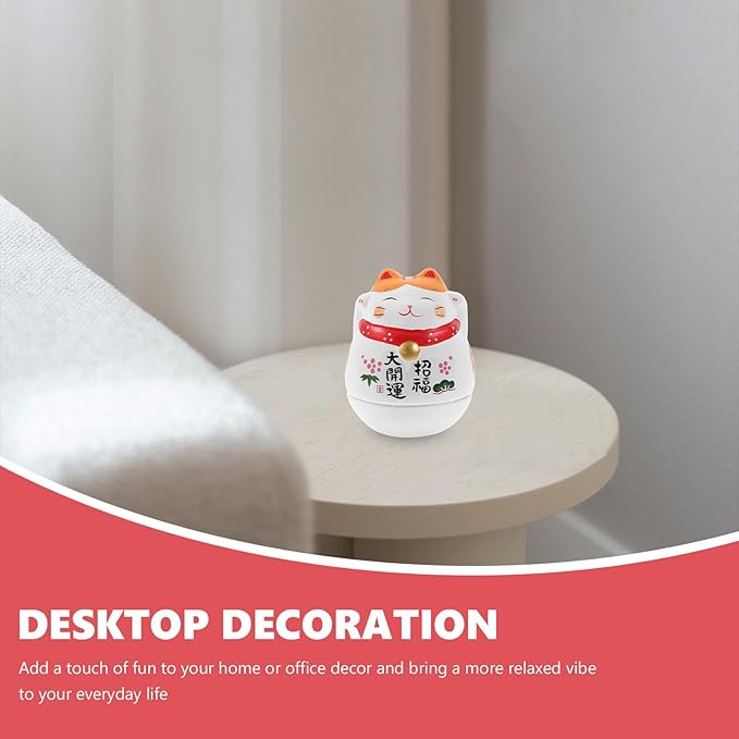 Ceramic Lucky Cat Figurine White Wobble Tumbler Cat Ornament Japanese Style Decorative Table Decor Gift for Home and Office