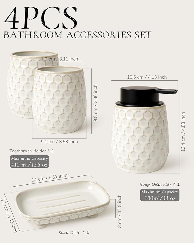 Bathroom Accessory Set 4PCS, Ceramic Bathroom Accessories Set, Foaming Soap Dispenser Set Complete, White Honeycomb Design, Home Apartment Modern Bath Decor Vanity Countertop, ANTIS'S HOME