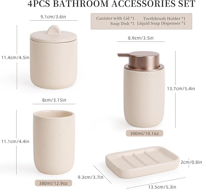 BosilunLife Ceramic Bathroom Accessories Sets Complete Bathroom soap Dispenser and Toothbrush Holder Set (Apricot-Liquid)