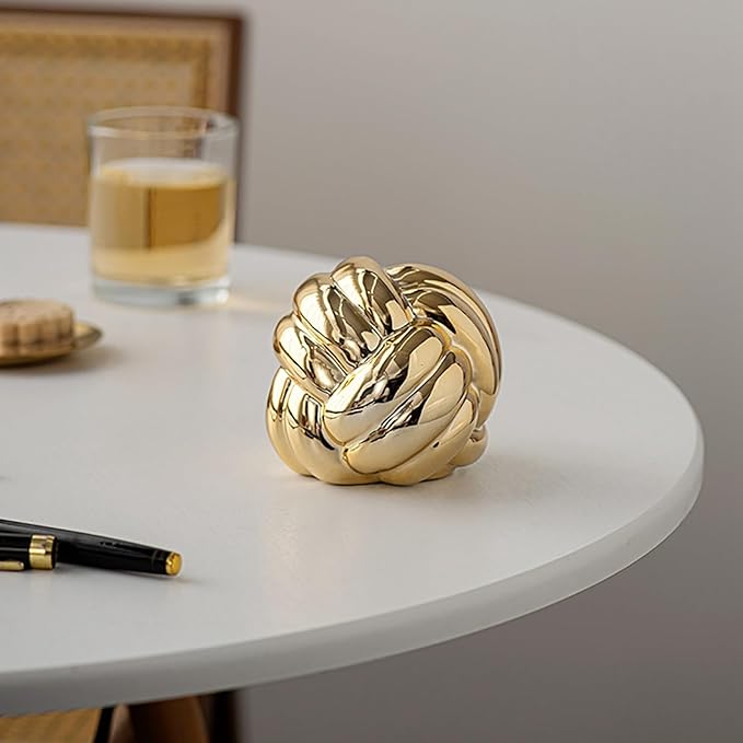 Hotfiary Small Ceramic Knot Statues Gold Home Decor, Modern Style Figurine Decorative Ball Ornaments, Sculpture Aesthetic Decor for Living Room, Bedroom, Apartment, Bookshelf, Office, Cabinets