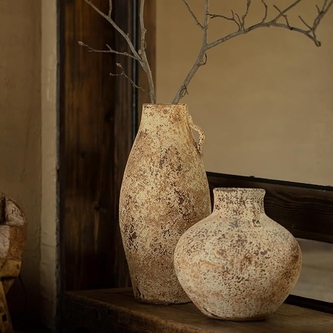 Ceramic Rustic Farmhouse Vase,Extra Large Terra Cotta Vase, Huge Pottery Decorative Flower Vases for Living Room Entryway Table Centerpiece Decor(11.8'' X 11.8'' x 11.8'')