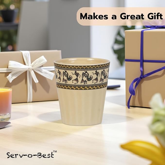 Handmade Cantaritos de Barro Ceramic Tea Set – 6 Desi Kulhad Chai/Coffee Cups (5 oz Capacity), Lead-Free, Dishwasher & Microwave Safe, Glossy finish Clay Tea/kulhar/kullar - Ivory Color