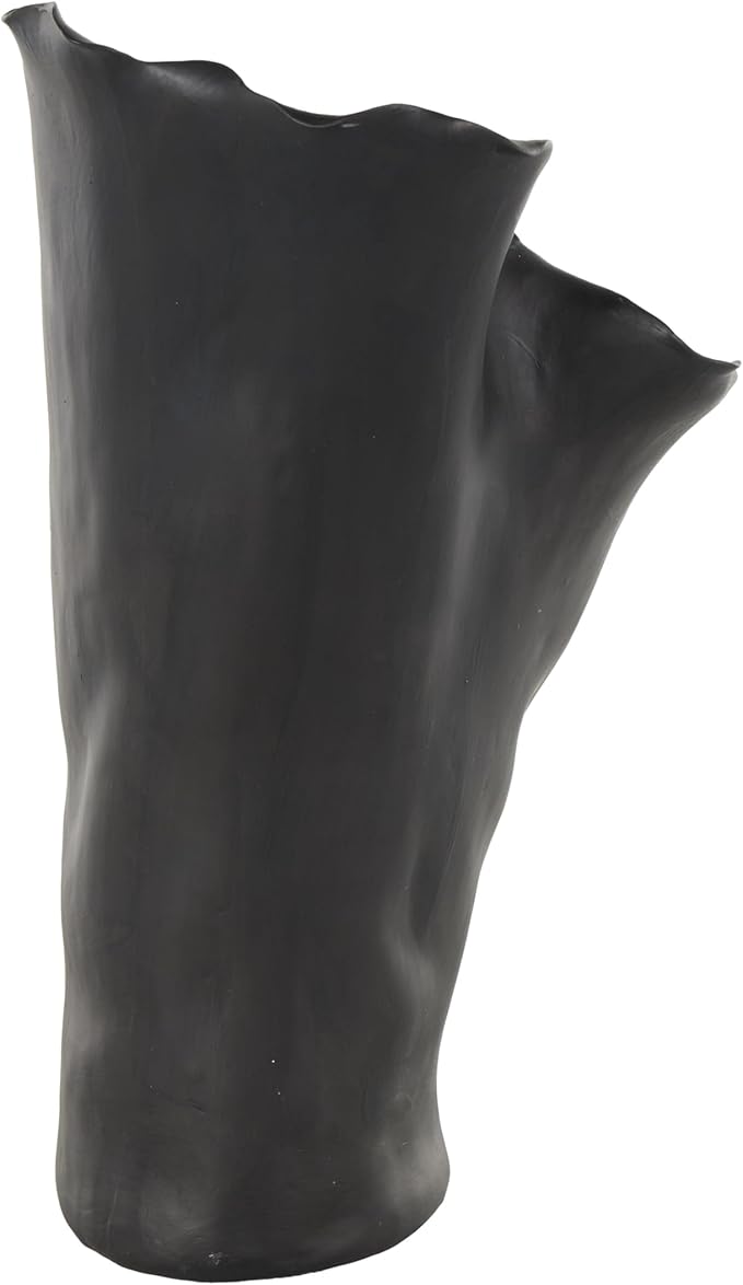 Deco 79 Ceramic Abstract Floral Inspired Vase with Wavy Folded Rim, 9" x 11" x 16", Black