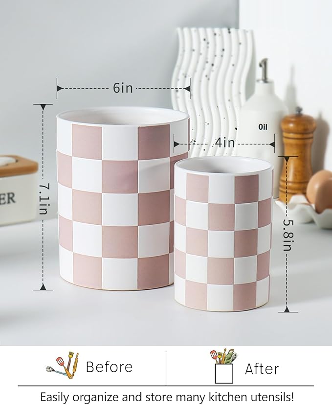 Utensil Holder，7.1"+5.8" Ceramic Kitchen Utensil Holder for Counter top, Checkered Cooking for Spatula & Spoon, Kitchen Decor, Set of 2 (Purplish-pink Checkered)