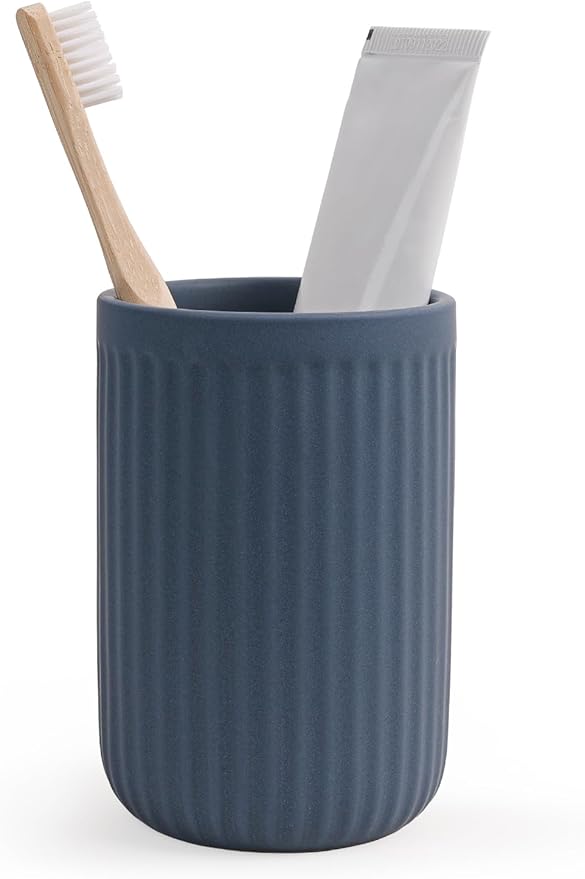 INGOFIN Ceramic Toothbrush Holder, 12 oz Toothpaste Holder Bathroom Cup, Tooth Brush Holder for Vanity Countertop, Organizer Storage for Cosmetic, Makeup, Office Pencils, Matte Blue