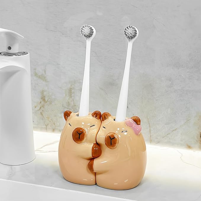 Toothbrush Holder - Creative Ceramic Hugging Capybara Brush Stand, Anti-Slip Cute Toothbrush Rack | Cartoon Capybara Pencil Container, Space-Saving Animal Holder for Vanity, Restroom, Desk
