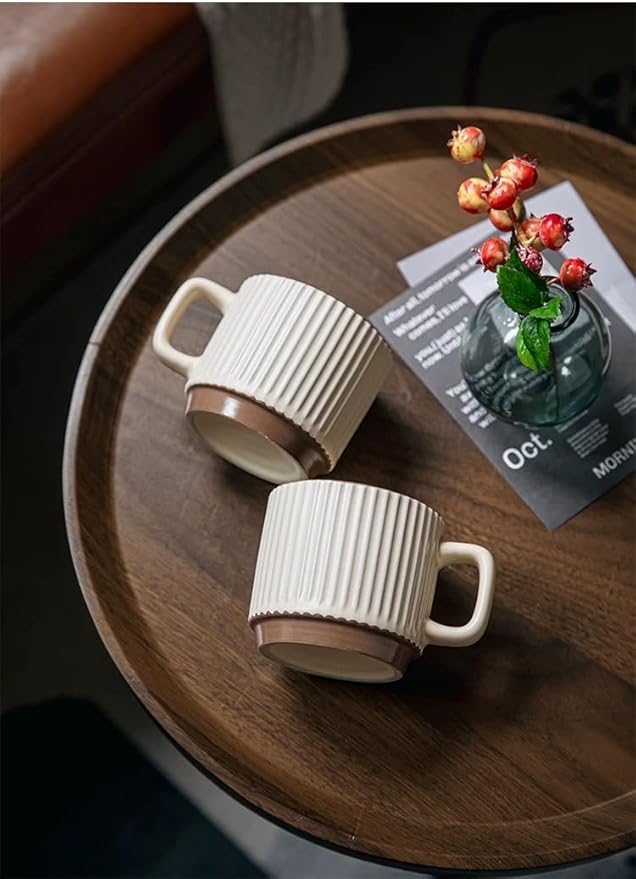 Artisanal Ceramic Mug & Walnut Saucer Set for Coffee Latte, Cappuccino Espresso Tea - 8.3oz/250ml Textured Coffee Cup with Wood Saucer, Dishwasher & Microwave Safe Gift