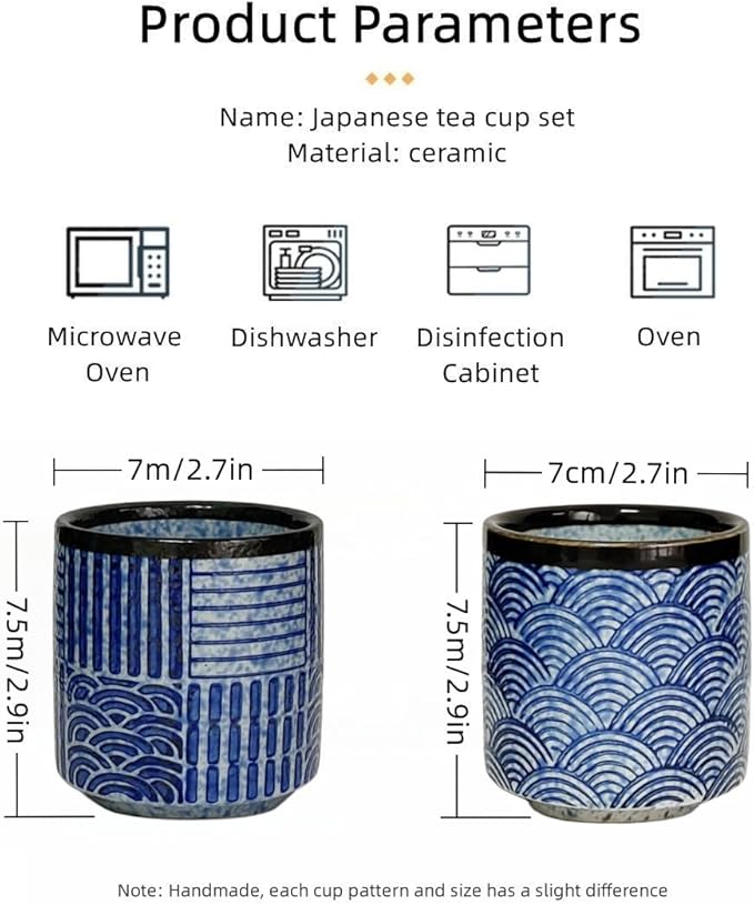 Ceramic Teacups Set of 4, Asian Chinese Japanese Modern Cup Set, No Handle Tea Mugs for Espresso Cappuccino Coffee Milk Wine Sake Cup 6.42oz (Blue)