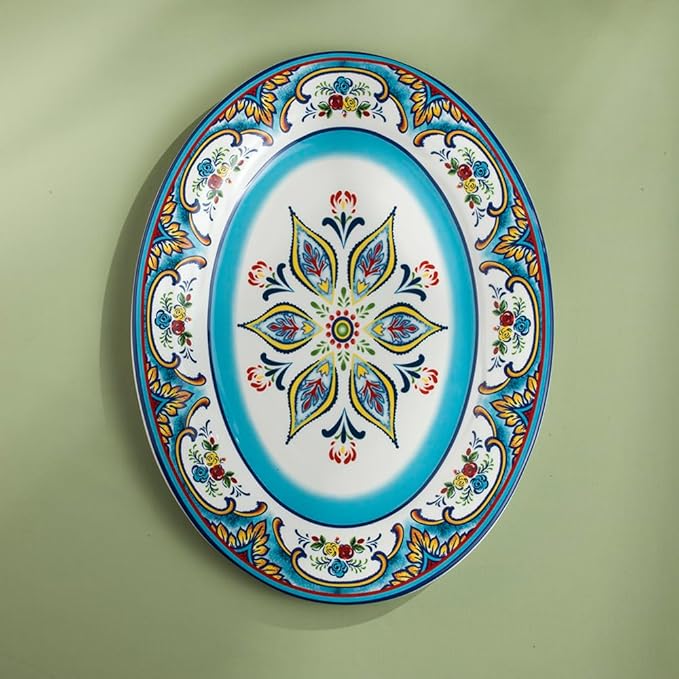 Euro Ceramica Zanzibar Collection 18-Inch Large Oval Platter | Serving Tray | Turkey Platter | Holiday Center Piece , Multicolor