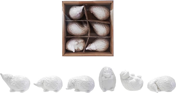 Creative Co-Op Stoneware Figurine Hedgehogs Accent Decor, Set of 6 Pieces, White