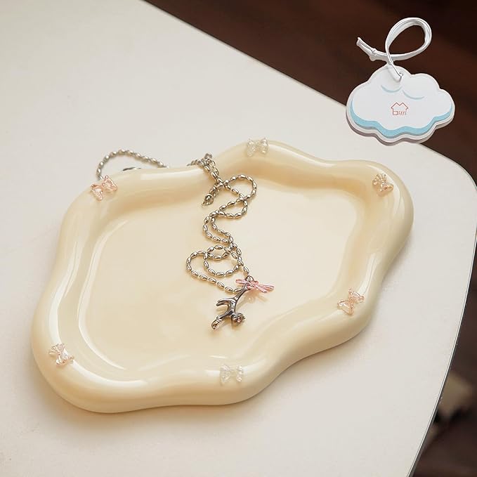 Jewelry Dish Trinket Tray for Women, Ring Dish Holder, Unique Cloud Shape Ceramic Plate Cute Things Vanity Aesthetic Room Decor Mother's Day Birthday (Bow Cream)