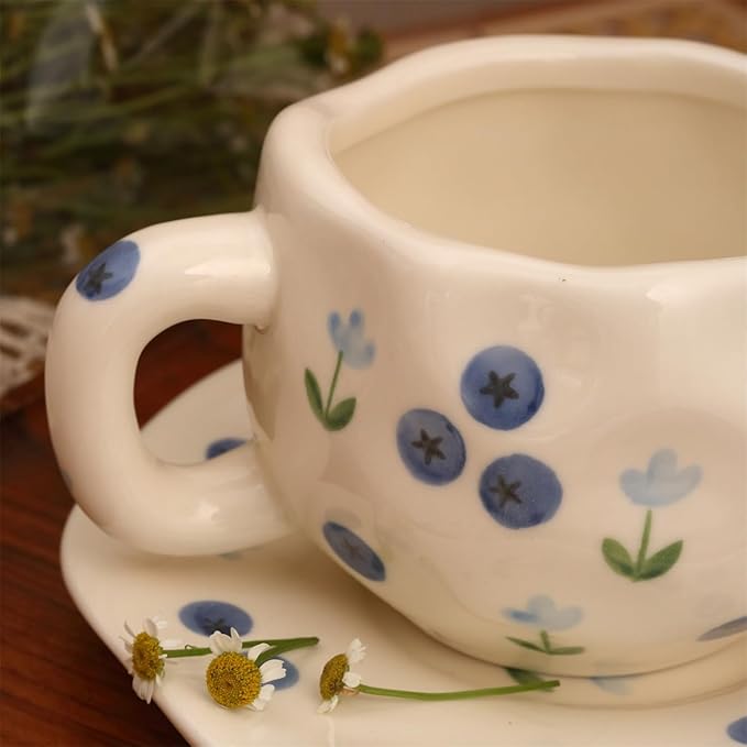 TREEWOO Hand Painted Blueberry Ceramic Coffee Cup and Saucer Set, 250ml/8 oz, Korean Style, Hand Pinched Irregular Cappuccino Latte Tea Cup