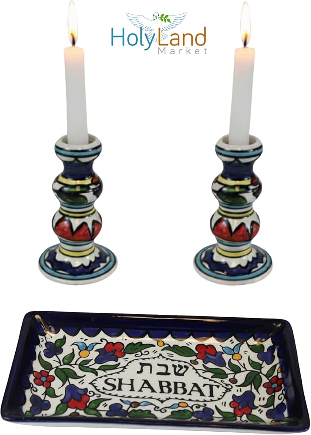 Holy Land Market Shabbat Candlesticks Set - Colorful Ceramic Shabbat Candle Holders Set with Matching Plate for Holidays, Colorful
