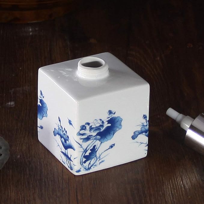 Countertop Soap Dispensers, Refillable Pump Bottle Ceramic Lotion Soap Dispenser with Pump for Bathroom and Kitchen Office, Vintage Blue and White Porcelain Floral Decorative(Silver)