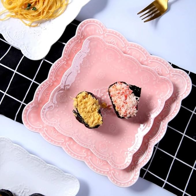Eplze YBK Tech Elegant Square Embossed Lace Plate Bone China Dessert Plate Ceramic Plate for Breakfast Afternoon Tea (Pink, 6-inch)