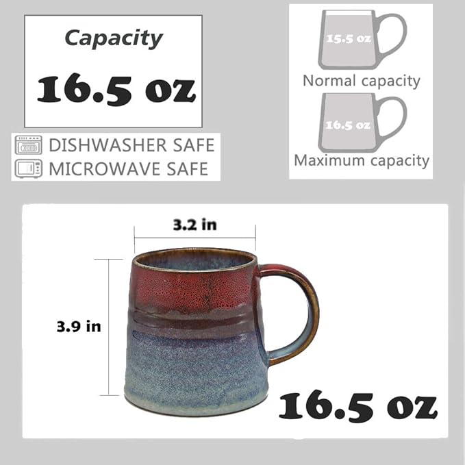 Large Ceramic Coffee Mug, Pottery Mug,Tea Cup for Office and Home,Handmade Pottery Coffee Mugs,16.5 Oz,Dishwasher and Microwave Safe,kiln altered glaze craft (Red)
