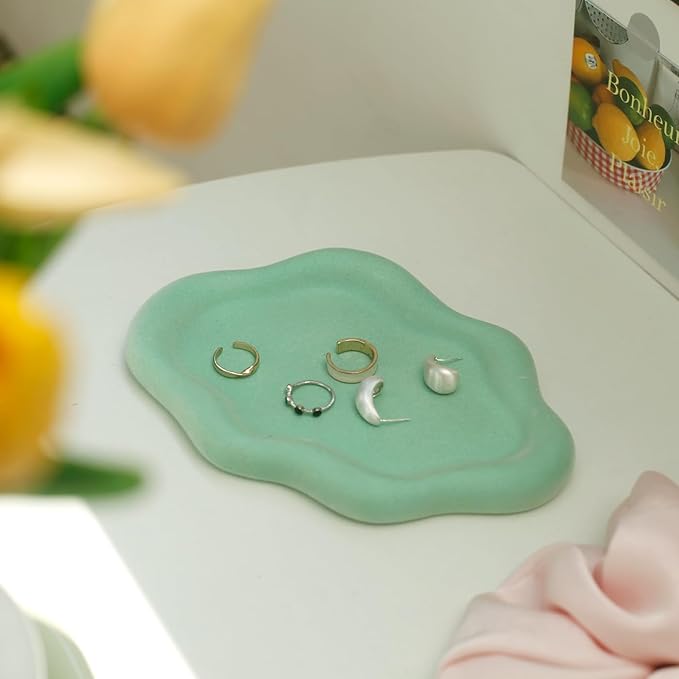 Jewelry Dish Trinket Tray for Women, Ring Dish Holder, Unique Cloud Shape Ceramic Plate Cute Things Vanity Aesthetic Room Decor Mother's Day Birthday (Flocked Green)