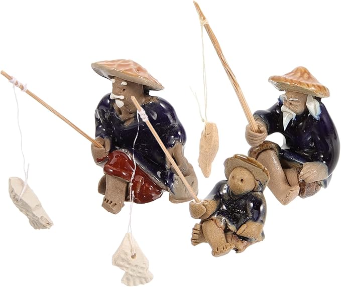 Mikikit 9pcs Mini Fisherman Statue Chinese Style Ceramic Figurines for Aquarium Bonsai Decor Realistic Fisherman Ornaments for Home Landscape Vintage Fishing Man Sculpture