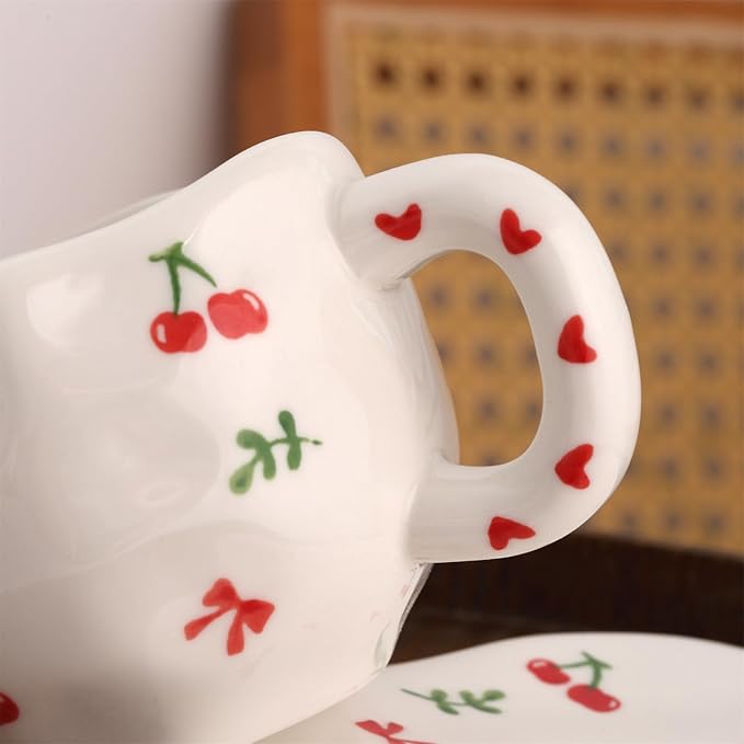 TREEWOO Hand Painted Cherry Ceramic Coffee Cup and Saucer Set, 300ml/10 oz, Korean Style, Hand Pinched Irregular Cappuccino Latte Tea Cup