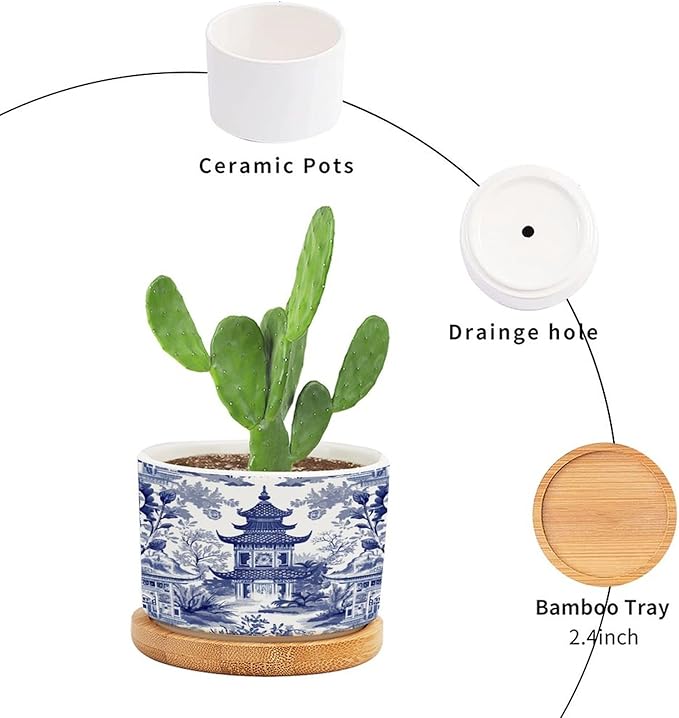 Chinoiserie Blue Asian Planters Ceramic Chinoiserie Chic Asian Round Plant Pots with Drainage Holes and Bamboo Tray Pot for Indoor Outdoor Garden