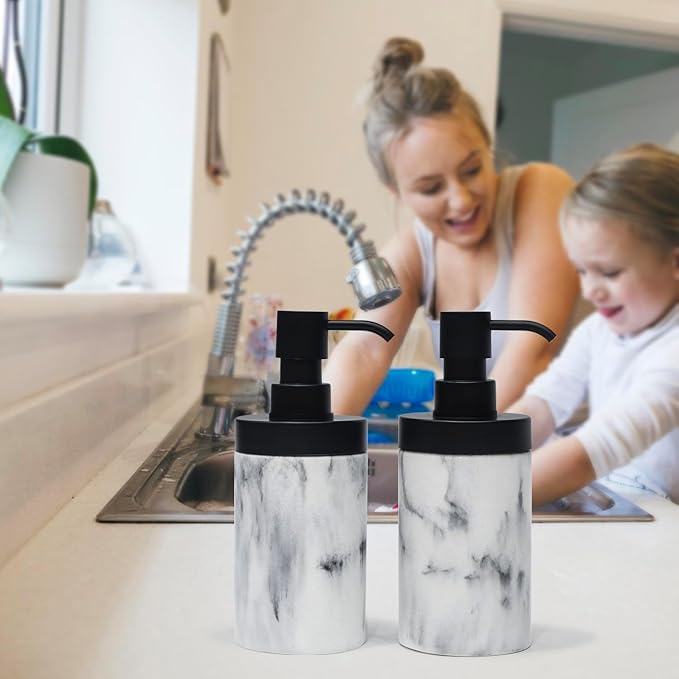 2-Pack White Marble Style Resin Soap Dispenser Set for Bathroom Countertop&Kitchen Sink Decor, Large-Openning Liquid Bottles with Matte Black Pumps Easy Refil-10 oz,Elegant and Solid Design