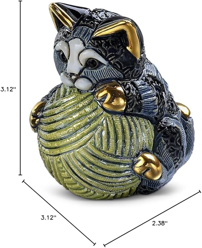 De Rosa Handmade Sculpted Ceramic Gray Striped Kitten w/Yarn Ball Family Collection