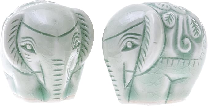 NOVICA Green Animal Themed Ceramic Sculpture from Thailand 'Elephant Paramours' (Pair)