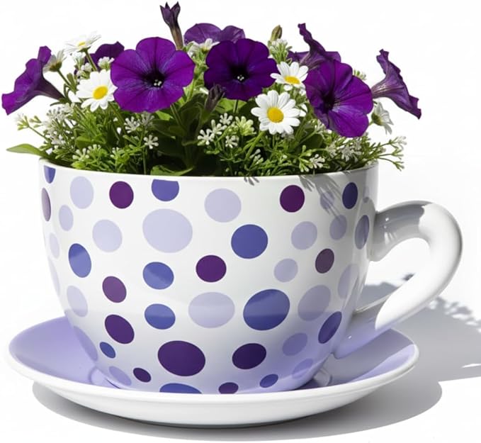 7.5” Round Ceramic Teacup Planter with Saucer – Purple Polka Dot Design Pot for Succulents, Orchid, Herbs & Indoor Houseplant/Flowers for Valentines Day Gift