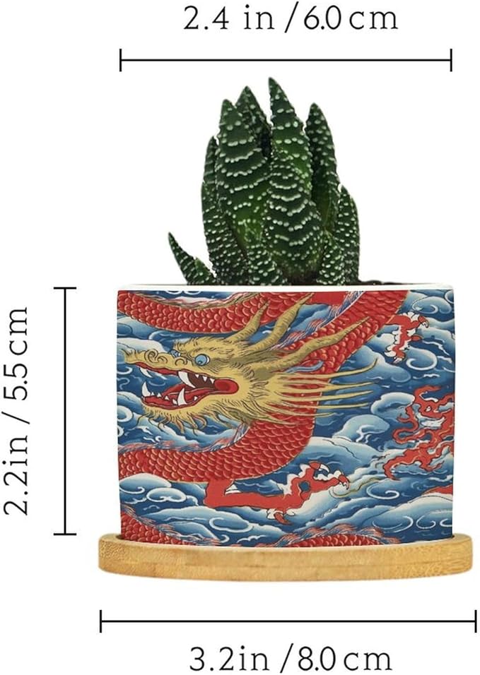Dragon Chinoiserie Planters Ceramic Asian Inspired Round Plant Pot with Drainage Holes and Bamboo Tray Pot for Outdoor Garden Home Plant