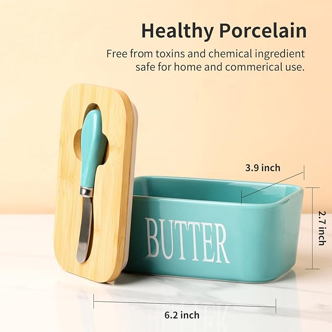 Hasense Butter Dish, Ceramic Butter Container with Lid Holds For Countertop, Large Butter Holder with Knife Spreader for Counter, Silicone Sealing Butter Keeper with Cover for Kitchen,Turquoise
