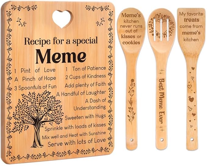 Meme Gifts - "Recipe for a Special Meme" Meme Gifts for Grandma Cutting Board Set, Bamboo-Made Engraved Utensil Set Gifts for Meme Cutting Board, Best Meme Ever Gifts.