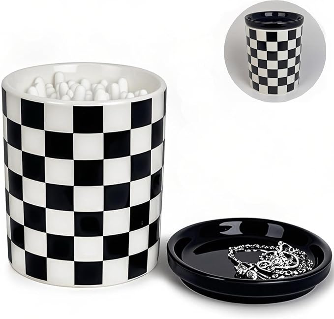 Q tip Holder, Qtip Dispenser with Lid, Cotton Swab Ball Holder Container for Bathroom, Q-tip Canisters/Apothecary Jar for Countertop Organizer, Modern Checkered Bathrooms Decor,Black and White Ceramic
