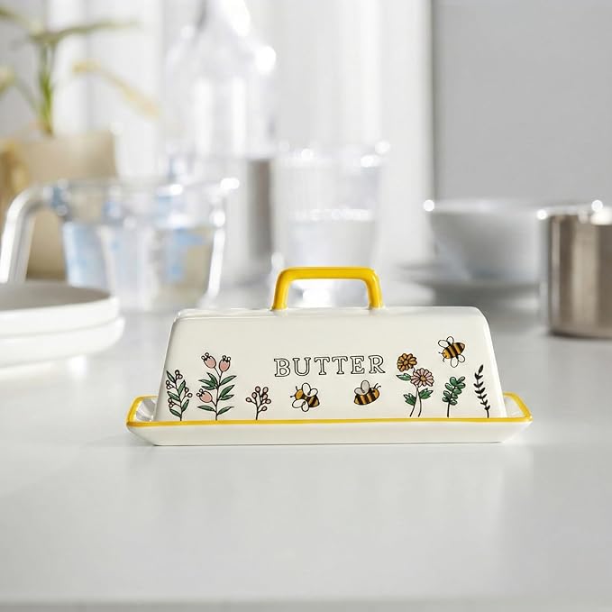Kook Ceramic Butter Dish with Lid, Kitchen Countertop Butter Keeper, Serving Tray with Cover, Storage Container, Holds 1 Stick, Microwave and Dishwasher Safe, Meadow