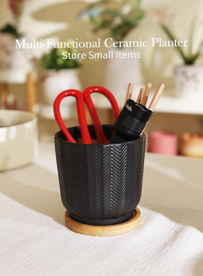 OMAYKEY 4.5 Inch Plant Pots with Saucer, Ceramic Black Planters Pots with Drainage Hole and Mesh Pads for Succulent, Cactus, Herbs - 4 Packs(Plant Not Included)