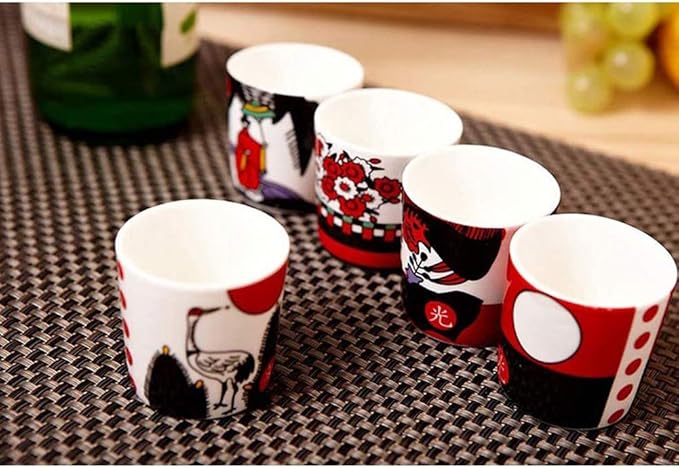 2oz Korea Ceramic Soju Whiskey Shot Glass Set of 5 With Hwatu,Ogwang Korean Traditional Flower Card Game Pattern Print (Soju Shot Set of 5 Wtih HWA-tu,Korean Flower Card Game 1 Set)