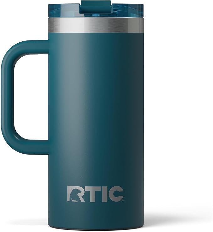 RTIC 16oz Road Trip Travel Mug with Lid and Handle, Ceramic Lined, Insulated, Stainless Steel, Metal, Double Wall Vacuum-Insulation, Portable Coffee, Tea Cup for Hot and Cold Drink, Marine
