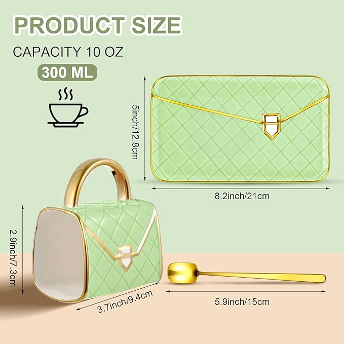Zubebe 1 Set Coffee Mug Elegant Handbag Shaped Cup Mother's Day Modern Ceramic Purse Mug with Spoon and Saucer, 10oz Cute Creative Tea Cup for Woman Girls Gift (Light Green)