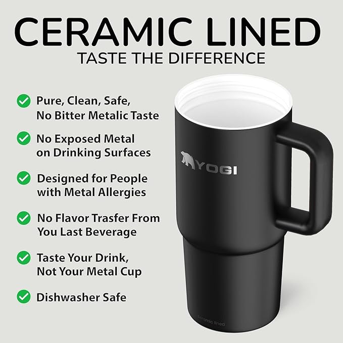 YOGI Ceramic Lined Metal Allergy Safe 24oz Tumbler with Handle and Straw Leakproof Flip & Sip Lid Vacuum Insulated Stainless Steel Travel Cup for Iced Coffee Water and All-Day Hydration 24oz Onyz