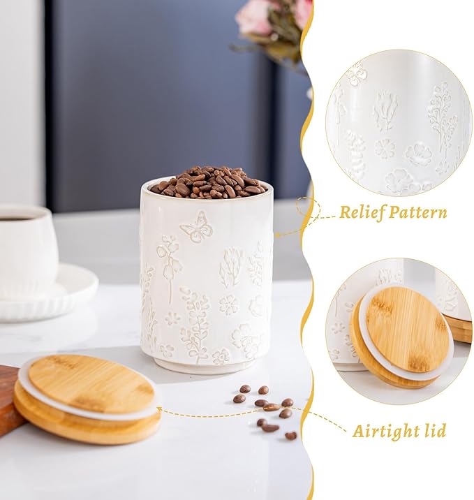 TEATALK Ceramic Utensil Holder Set, 360° Rotating Organizer for Countertop, Farmhouse Vintage Style, Large and Small Crocks in White Garden Pattern，7.7"+5.7"