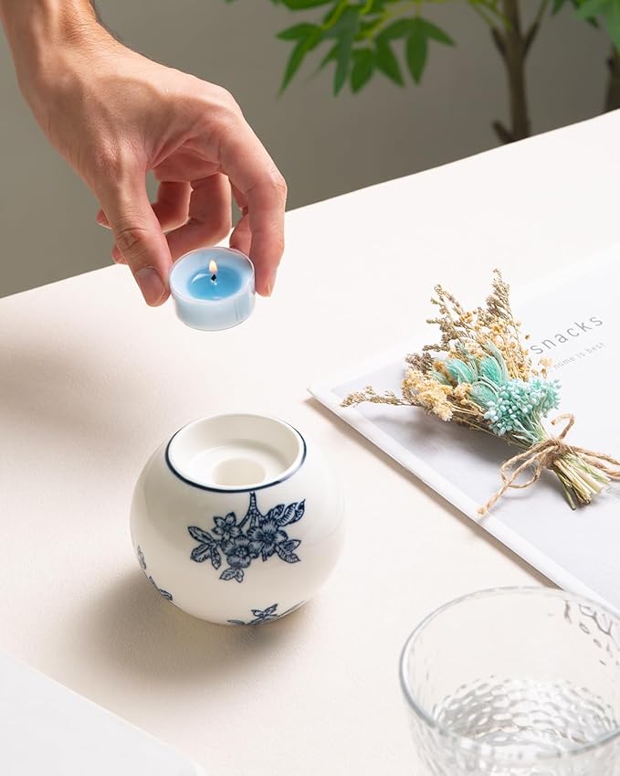 Ceramic Tealight Candle Holder, Chinoiserie Candlestick Holder for Taper Candle, Blue and White Decor, Flowers and Branches