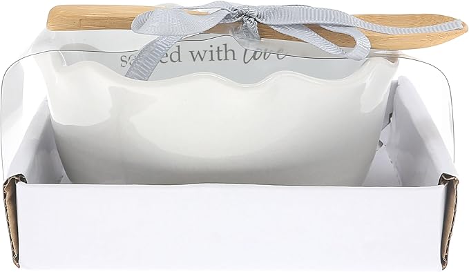 Pavilion Gift Company - Served With Love - 4.5" Ceramic Bowl With Bamboo Serving Spoon Neutral Ombre Kitchen Serveware Housewarming Gift Hostest Host Present