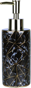 Ceramic Soap Dispenser for Bathroom & Kitchen, Marble Pattern & Gold Thread Decoration - Refillable Liquid Soap Bottle for Hotel (10oz, Black)