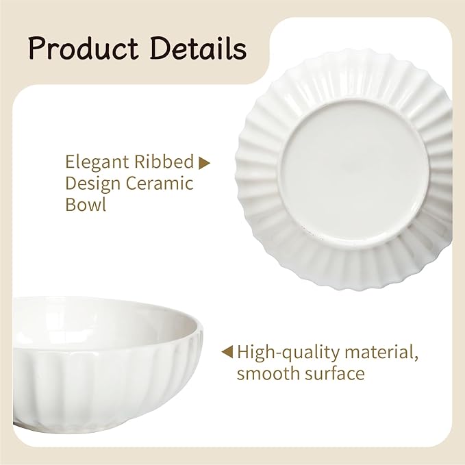 12-Inch Large Ceramic Salad Bowl Set with Wooden Servers, Decorative Serving Bowl with Ribbed Design for Pasta, Fruit (White)