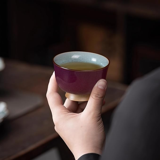 Tea Cup Set of 2 Porcelain Small Tea Cups 3oz Japanese Tea Cup Set, Asian Purple Ceramic Teacups for Home, Party, Office, Chinese Kung Fu Tea Set for Hot/Cold Drink (Gold Footed-Ice Crackle Glaze)