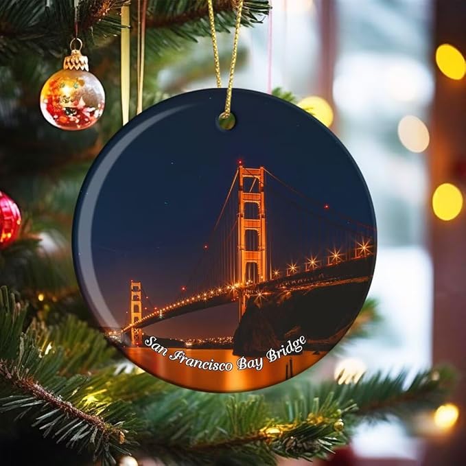 California San Francisco Bay Bridge USA America Christmas Ornaments Ceramic Round Hanging Pendant Xmas Decor City Travel Souvenirs 3" Porcelain Double Sided