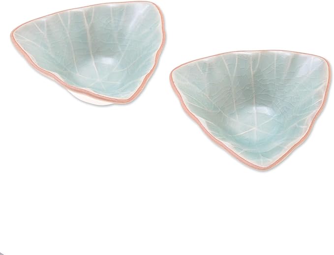 NOVICA Artisan Handmade Ceramic Condiment Servers Triangular Celadon Green Pair Thailand Tableware Serveware Leaf Tree [ 1.6in H x 4.3in W x 4.3in D 2 Oz.] ' Luxe Leaves in Green' Pair