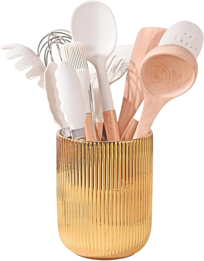 Utensil Holder, Ceramic Kitchen Gold Utensil Holder for Countertop,Cooking Utensil Crocks for Kitchen Counter 5.1 W x 6.6 H inches（stripes）