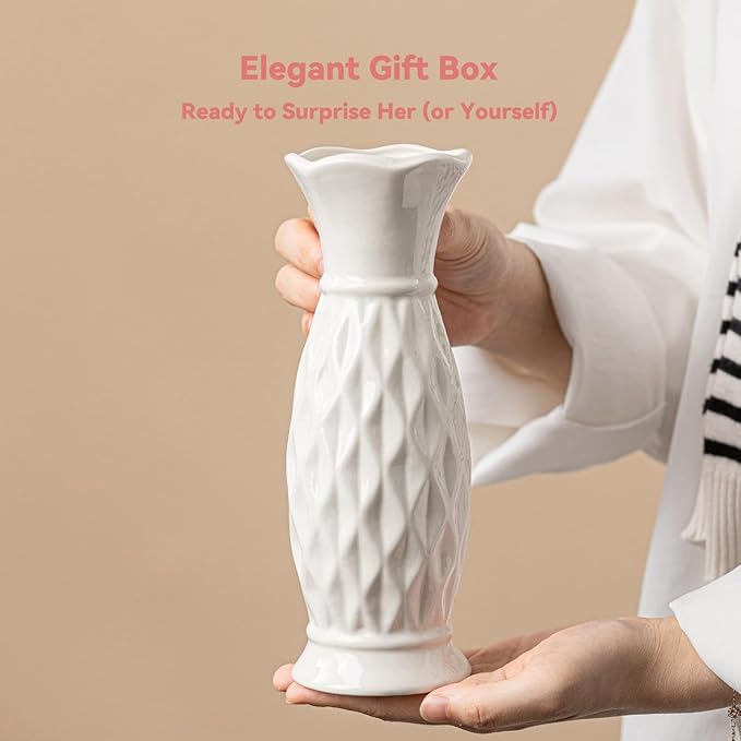 White Ceramic Vase with Diamond Texture - 8.3" Unique Flower Vase for Pampas Grass & Centerpieces, Decorative Boho/Farmhouse Vase for Living Room, Office Desk & Gift for Her/Yourself